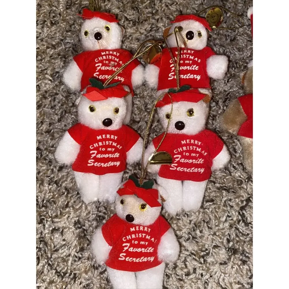 New NOS Lot Of 8 Vintage Plush Bear Ornament Merry Christmas Honey Bear 4 Inch